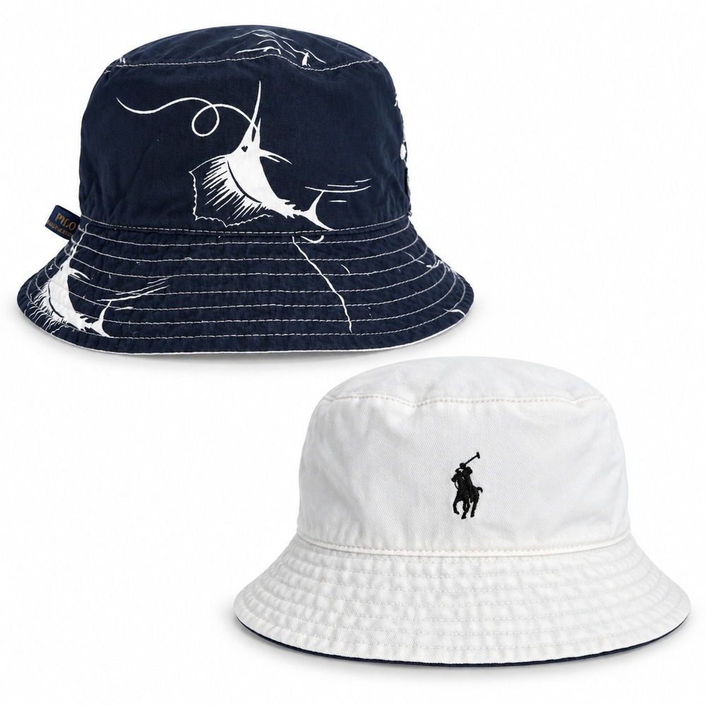Polo Ralph Lauren Reversible Bucket Hat Navy Marlin White Pony Nautical Prep